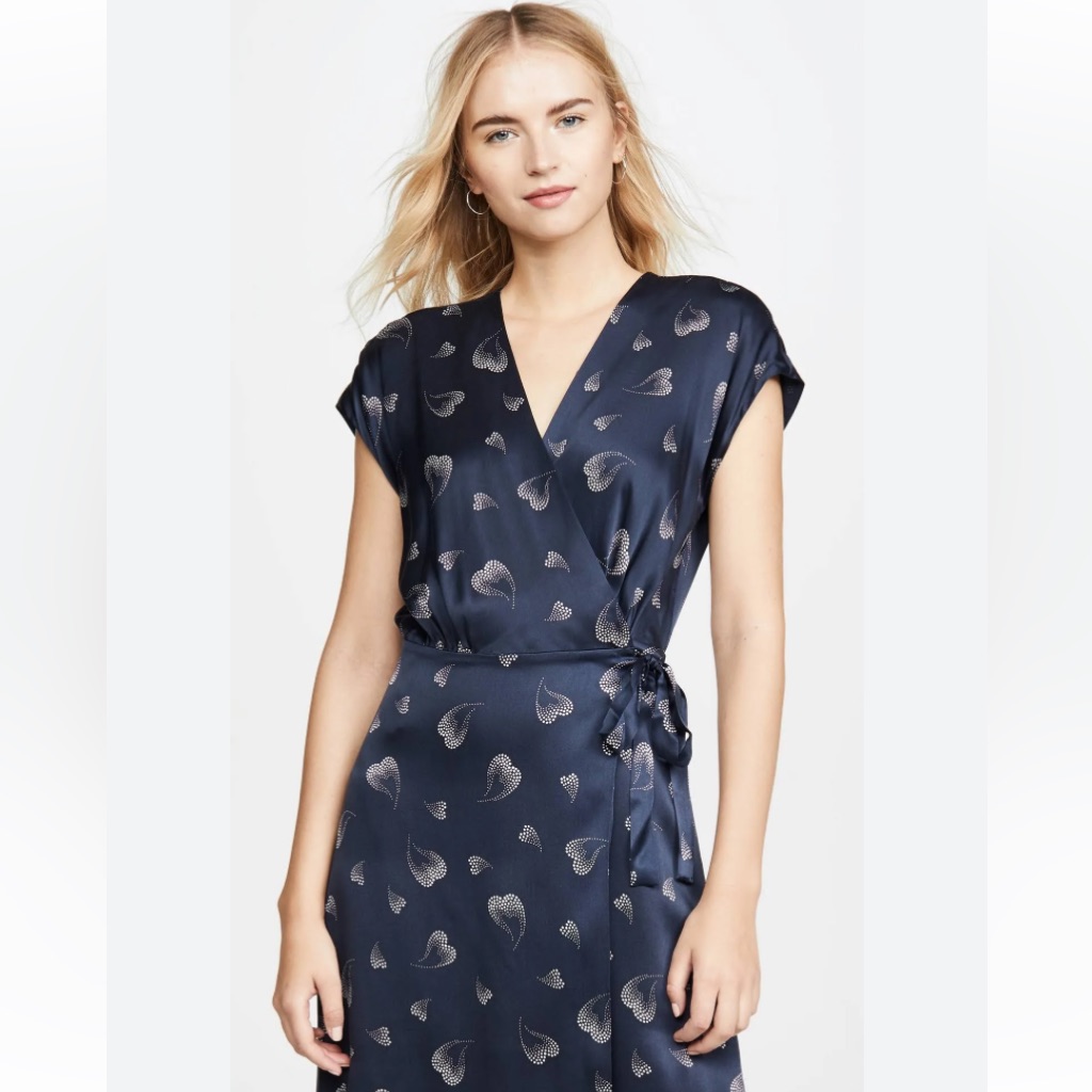 Milly Navy Blue Satin Wrap Midi Dress With Silver Heart Print